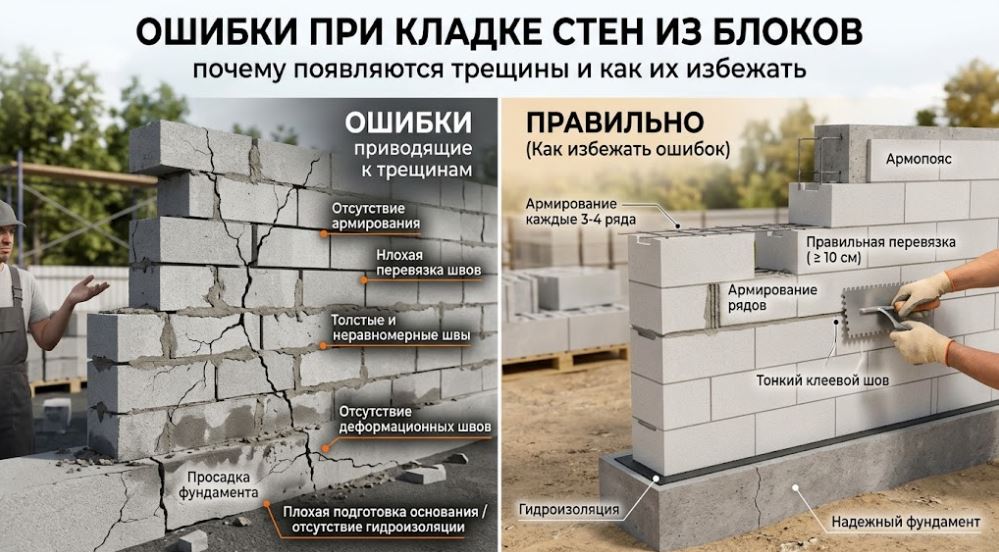 Ошибки при кладке стен из блоков: почему появляются трещины и как их избежать Ошибки при кладке стен из блоков: почему появляются трещины и как их избежать