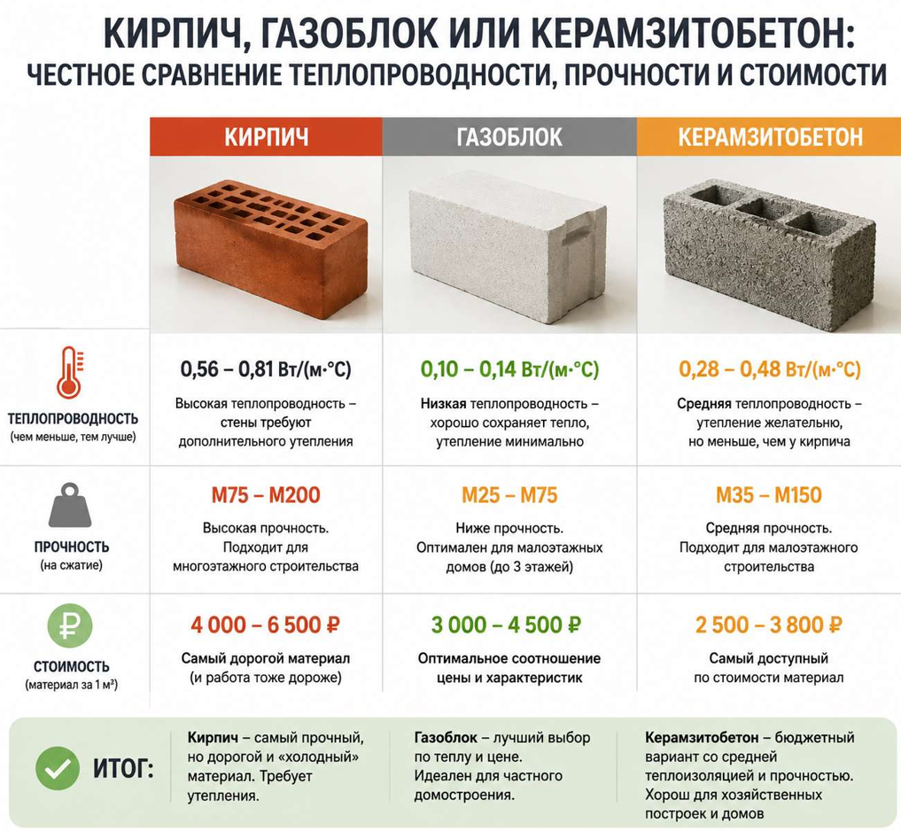 Сравнение кирпич, газоблок, керамзитоблок